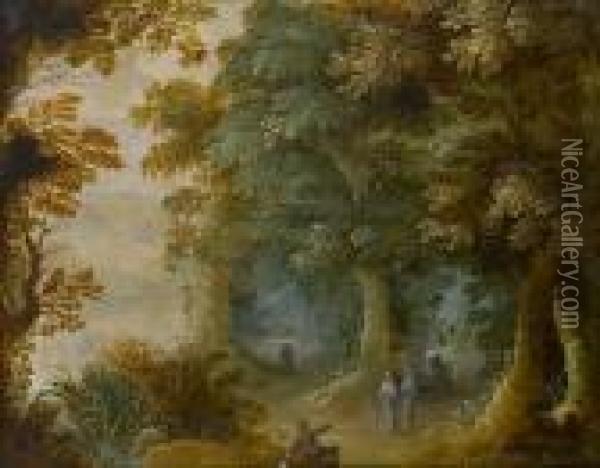 A Wooded Landscape With Travellers On A Country Path Oil Painting - Jasper van der Lamen