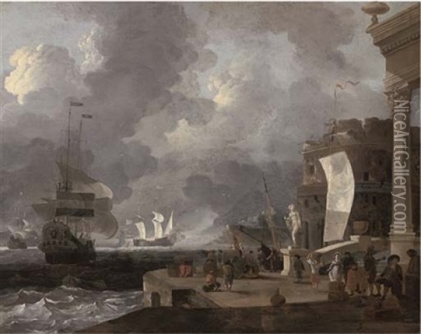 A Mediterranean Harbour Scene Oil Painting - Ludolf Backhuysen the Elder