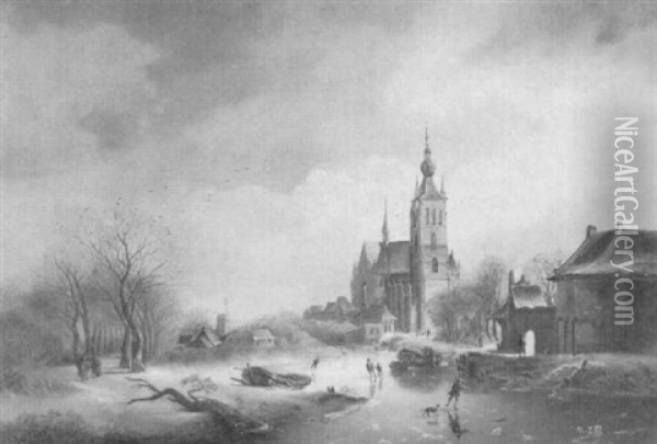 Winterlandschaft Mit Eislaufern Und Gotischer Kirche Oil Painting - Cornelis Petrus T' Hoen