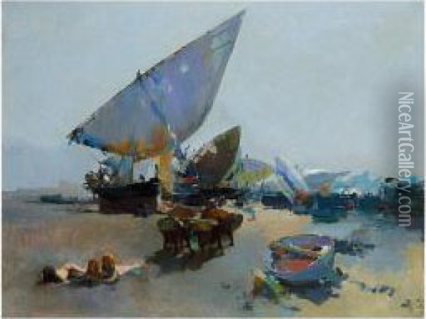 Bueyes Y Barcas En La Playa (oxen And Boats On The Beach) Oil Painting - Jose Navarro