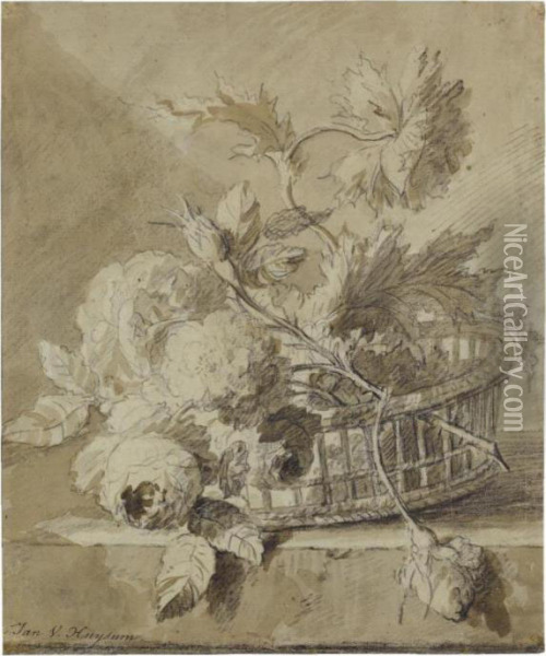 A Basket Of Flowers On A Plinth Oil Painting - Jan Van Huysum