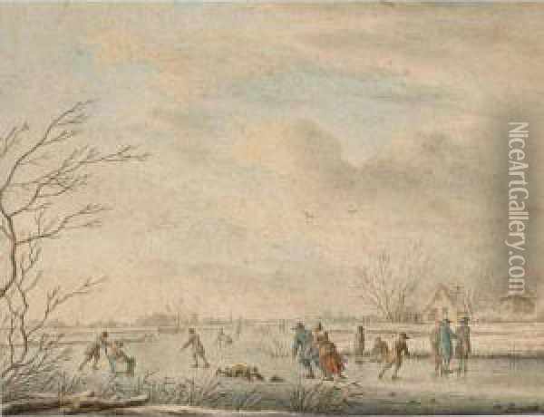 A Winterlandscape With Skaters On The Ice Oil Painting - Johannes Janson