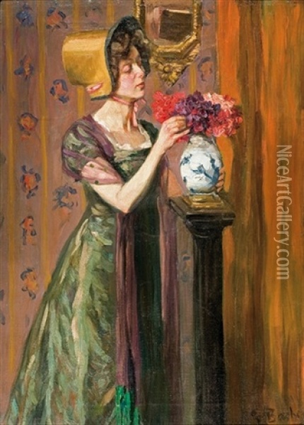 Lady With Flowers Oil Painting - Gottfried Albert Maria Bachem