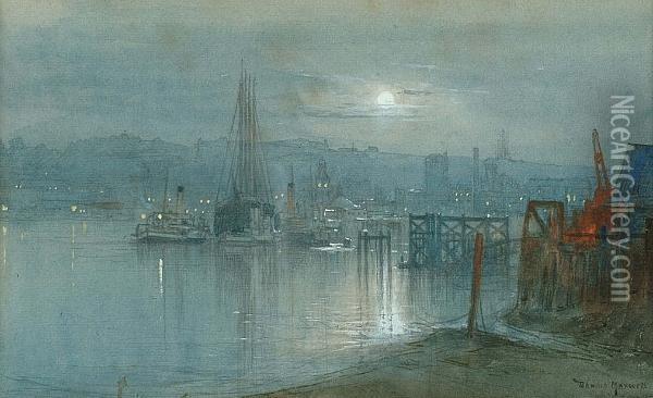 A Moonlit Harbour Oil Painting - Donald Maxwell