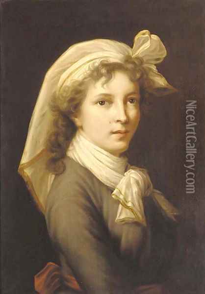 Portrait of the artist, bust length, in a cravate and headscarf Oil Painting - Elisabeth Vigee-Lebrun