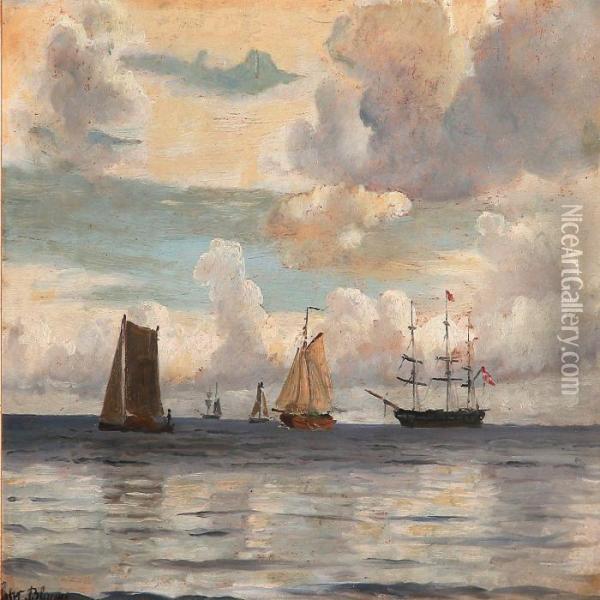 Seascsape With Sailing Ships At A Calm Sea Oil Painting - Christian Vigilius Blache