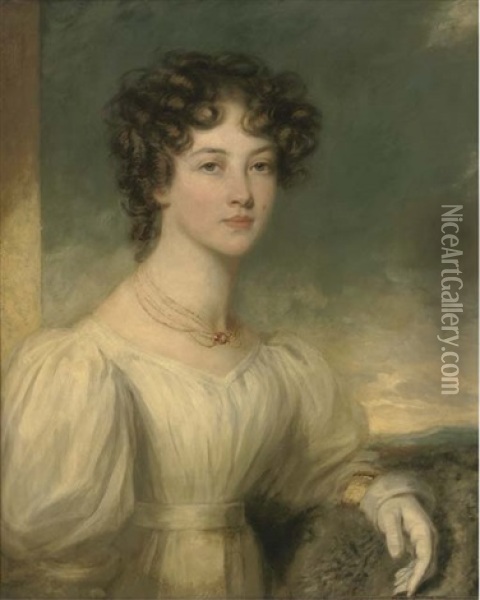 Portrait Of A Lady, Half-length, In A White Dress, A Landscape Beyond Oil Painting - Sir William Beechey