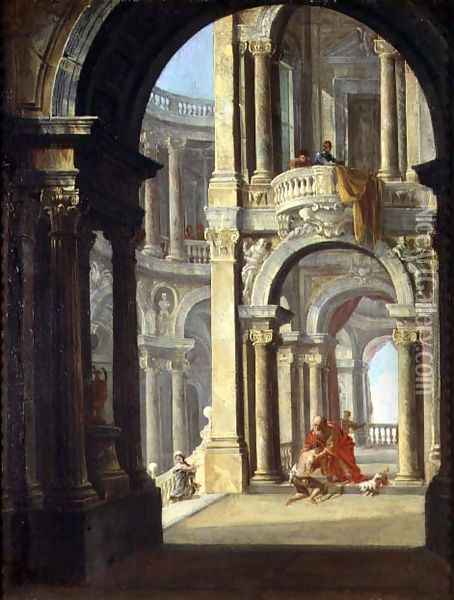 A Capriccio of a Baroque Palace with the Return of the Prodigal Son Oil Painting - Antonio de dipi Joli