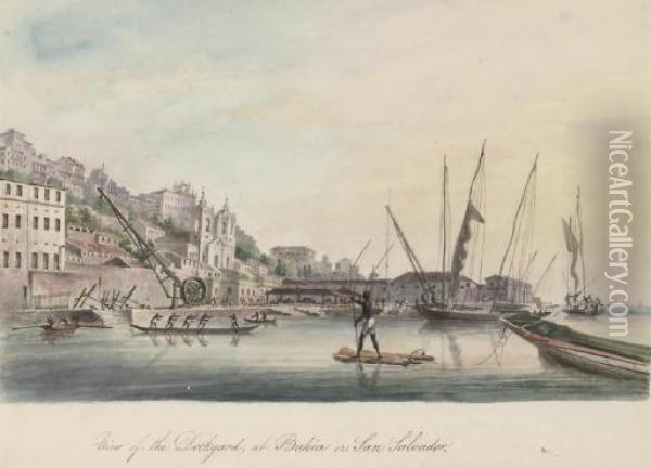 View Of The Dockyard, At Bahia Or San Salvador. Oil Painting - Thomas L. Hornbrook