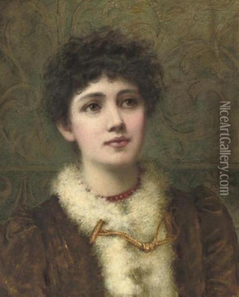 Portrait Of A Lady, Bust-length, Wearing A Red Bead Necklace Oil Painting - Helen Jackson