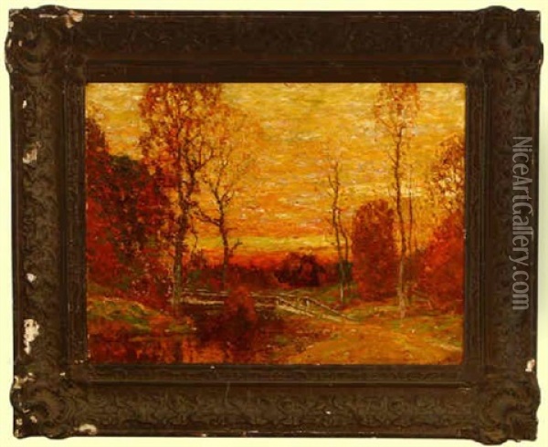 Sunset River Landscape With Old Bridge Oil Painting - John Joseph Enneking