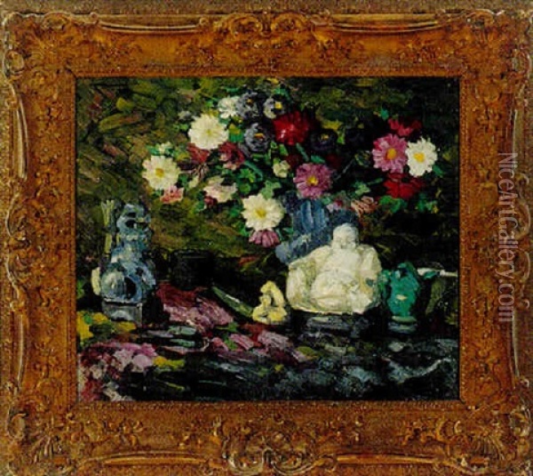 Opstilling Med Brogede Blomster Og Buddafigur Oil Painting - Hermann Hass