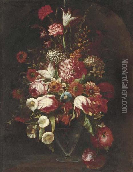 Parrot Tulips, Roses, Narcissi, 
Hydrangeas, Convolvulus And Otherflowers In A Glass Vase In A Niche Oil Painting - Mario Nuzzi Mario Dei Fiori