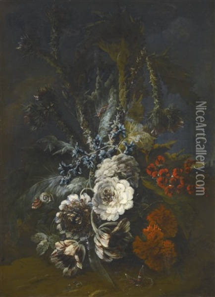 Still Lifes With Flowering Globe Artichokes, Variegated Tulips And Other Assorted Wild Flowers, With Snails Butterflies And Other Insects (pair) Oil Painting - Jean-Baptiste Morel