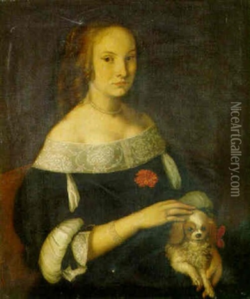 Portrait Of Marie Ruthaven, In A Blue Dress, Holding A Spaniel Oil Painting - Frans Luyckx