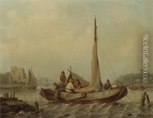 Sailors In Moored Barges On A River Estuary Oil Painting - George Willem Opdenhoff