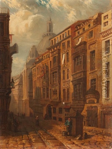 City Scene With Dome In Background Oil Painting - Tony-Francois de Bergue