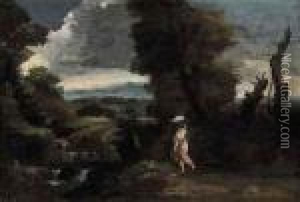 A Wooded Landscape With A Washerwoman Approaching A Stream Oil Painting - Pier Francesco Mola