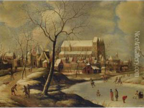 Winter Cityscape With Ice-skaters And Golfers Oil Painting - Jan Abrahamsz. Beerstraaten