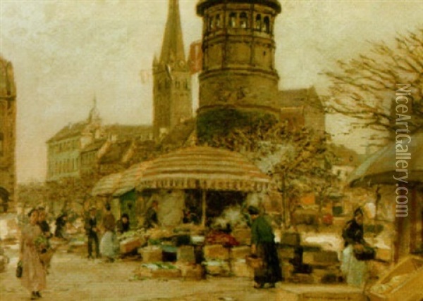 A Market Square, Dusseldorf Oil Painting - Heinrich Herrmanns