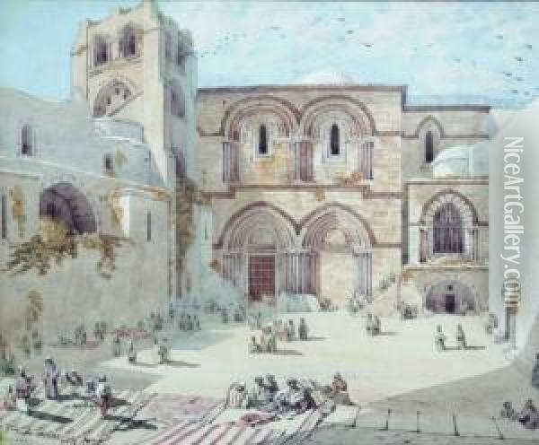 Gezicht Op Het Plein Voor De Heilige Graf Kerk Te Jeruzalem; 
 Op De Voorgrond Arabische Tapijtverkopers Oil Painting - Pablo Martinado