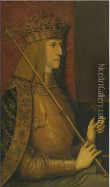 Portrait Of Emperor Maximilian I Wearing Golden Armour With Theorder Of The Golden Fleece Around His Neck And Holding A Sceptreand Sword Oil Painting - Bernhard Strigel