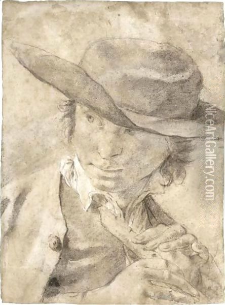 A Boy In A Broad-Brimmed Hat, Holding A Flute Oil Painting - Giovanni Battista Piazzetta