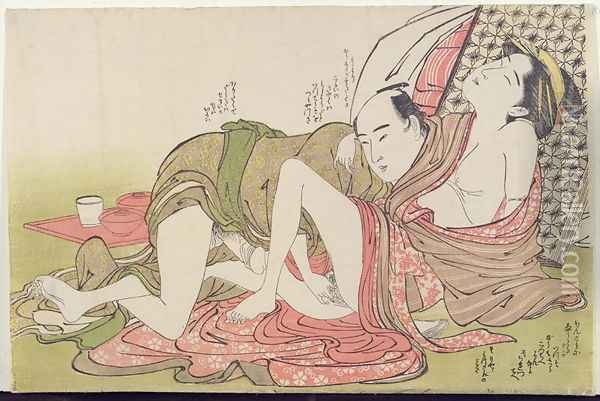 A Shunga erotic print lovers with a folded screen behind them, c.1785 Oil Painting - Yushido Shunsho