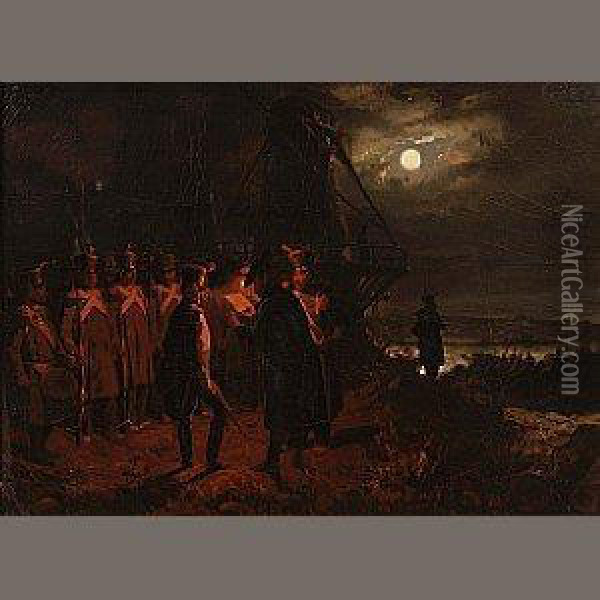 French Soldiers In A Moonlit Landscape Oil Painting - Joseph-Louis Hippolyte Bellange