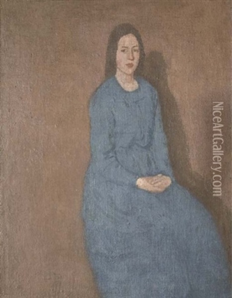 A Young Woman In Blue Oil Painting - Gwen John