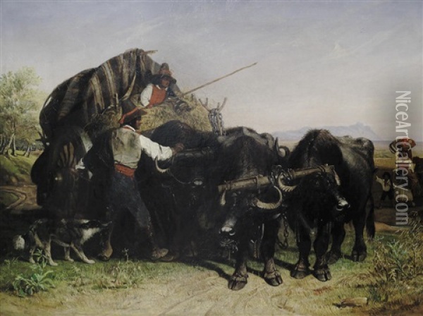 Buffalo Cart And Peasants Of The Pontine Marshes On The Road From Rome To Naples Oil Painting - Charles Coleman