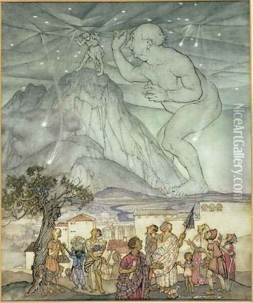 Hercules Supporting the Sky in Place of Atlas, 1922 Oil Painting - Arthur Rackham