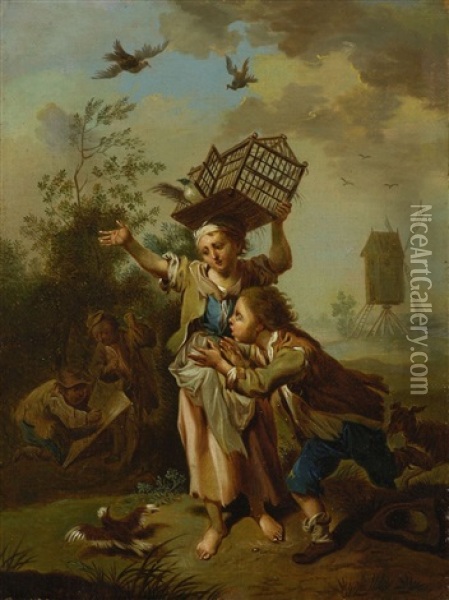 Madchen Und Knabe Mit Vogelbauer Oil Painting - Johann Conrad Seekatz