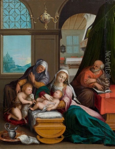An Interior With The Holy Family, Saint Ann And Saint John The Baptist Oil Painting - Denys Calvaert