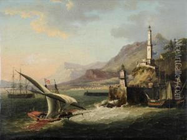 Off Genoa: A Maltese Armed Felucca And Frigates In Coastal Waters Oil Painting - John Thomas Serres