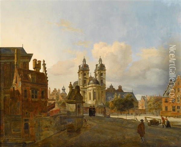Town Scene With Figures Oil Painting - Johannes Huibert (Hendric) Prins