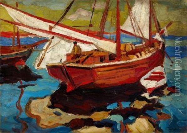 Fishing Boats In Hafen Oil Painting - Gerassim S. Golowkow