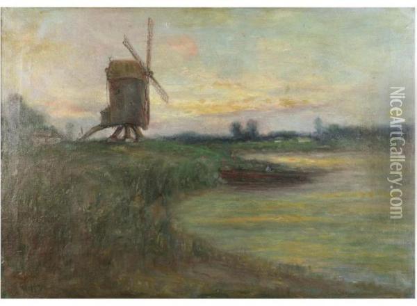 Landscape With Mill And Boat At Sunset Oil Painting - Romain Steppe