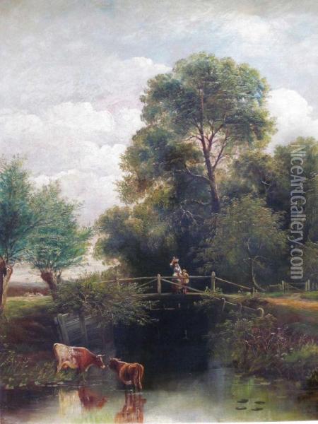 Harris Figures And Cattleby A Country Stream Oil Painting - Henry Harris