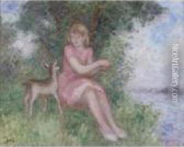 Jeune Fille Et Le Chevreau Oil Painting - Georges dEspagnat
