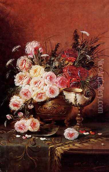 Still Life Of Roses And A Nautilus Cup On A Draped Table Oil Painting - Modeste Carlier