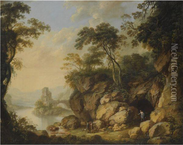 A Rocky River Landscape With Figures Conversing In The Foregoundand Ruins Beyond Oil Painting - George Mullins
