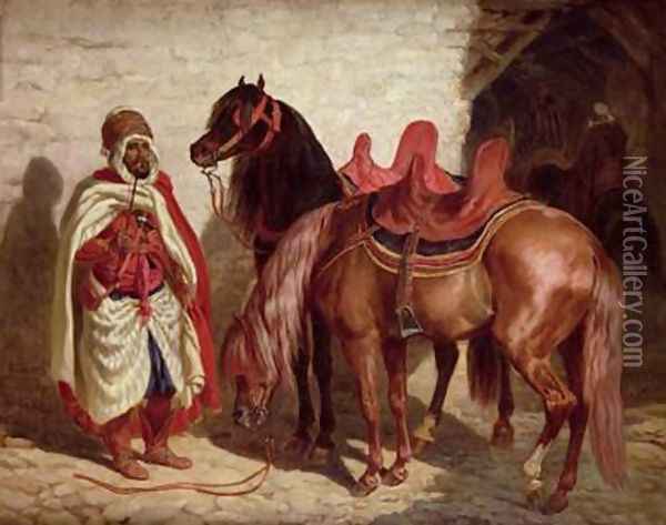 An Arab with two horses Oil Painting - Francois-Hippolyte Lalaisse