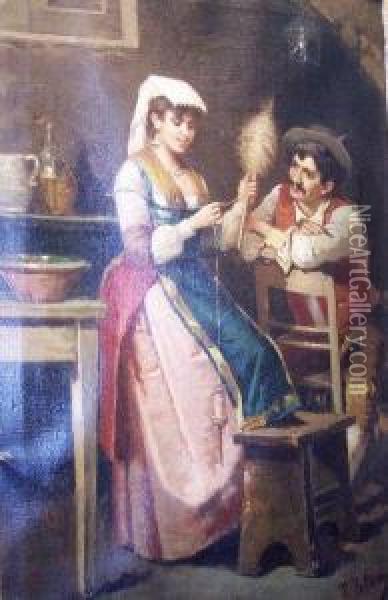 Italian Couple Spinning Oil Painting - Francesco Peluso