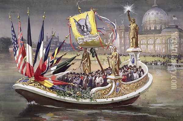 The Universal Brotherhood Barge at the Worlds Columbian Exposition, Chicago, 1893 Oil Painting - Thure de Thulstrup
