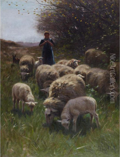 Shepherdess And Sheep Oil Painting - Hermann Johannes Van Der Weele
