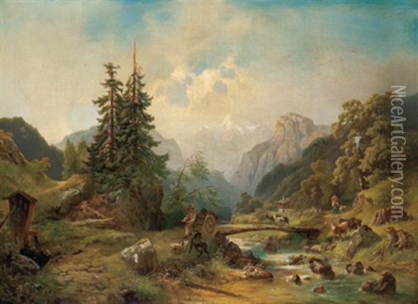Idyllische Gebirgslandschaft Mit Hirten Und Weidevieh Oil Painting - Rudolph Swoboda the Elder
