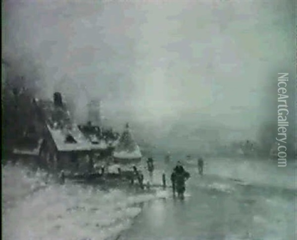 Dutch Village In Winter Oil Painting - Johann Jungblut