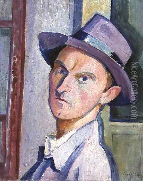 Self-portrait in a Purple Hat 1929 Oil Painting - Janos Kmetty