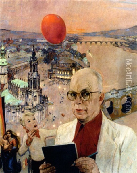 Selbstportrait, Blick Von Der Hohe Auf Dresden In Abendlicher Beleuchtung Mit Den Zwei Elbbrucken Oil Painting - Emil Wuensche